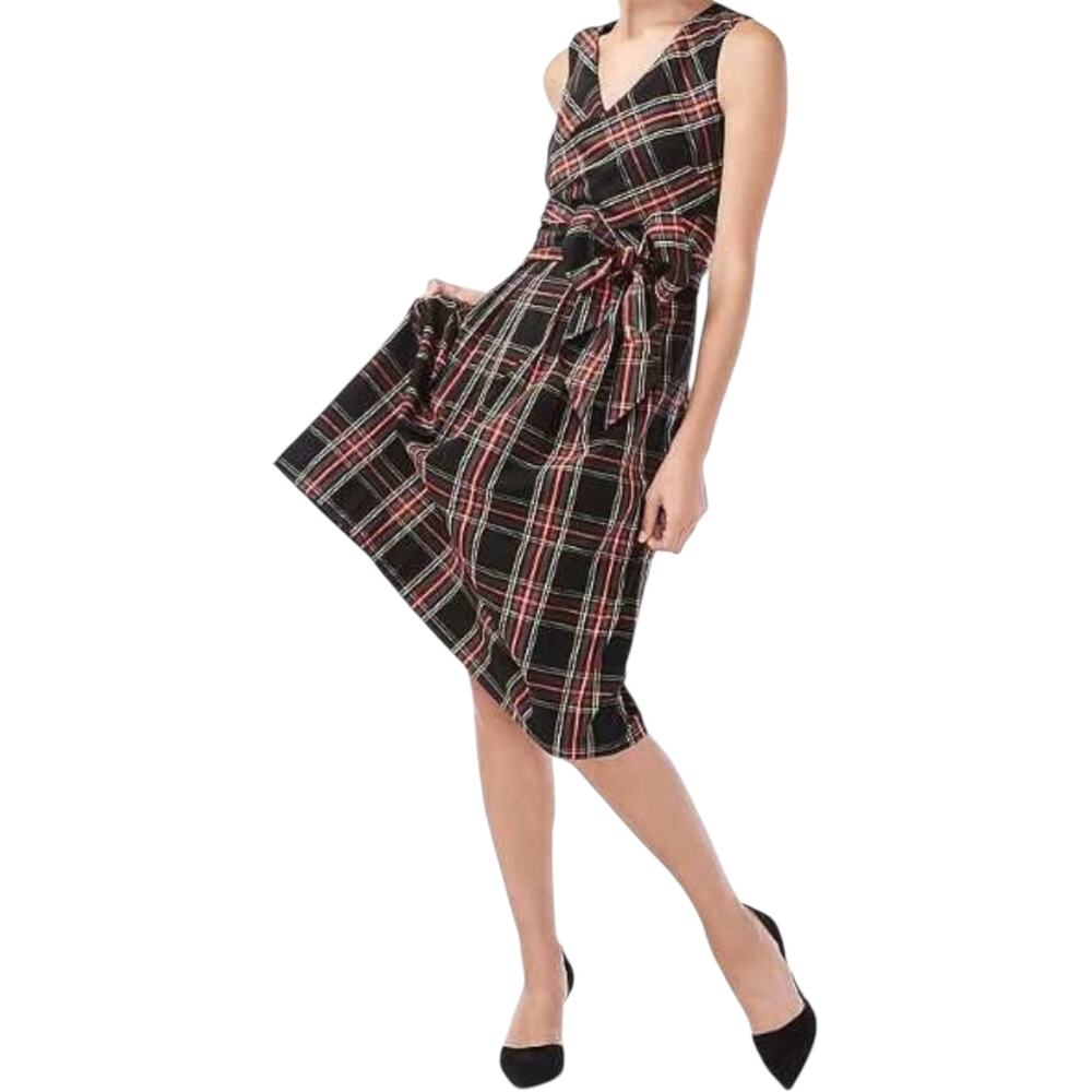 J.Crew Tartan V-neck Wrap Dress Midi Fit Flare Tank Sleeveless Black Red 0